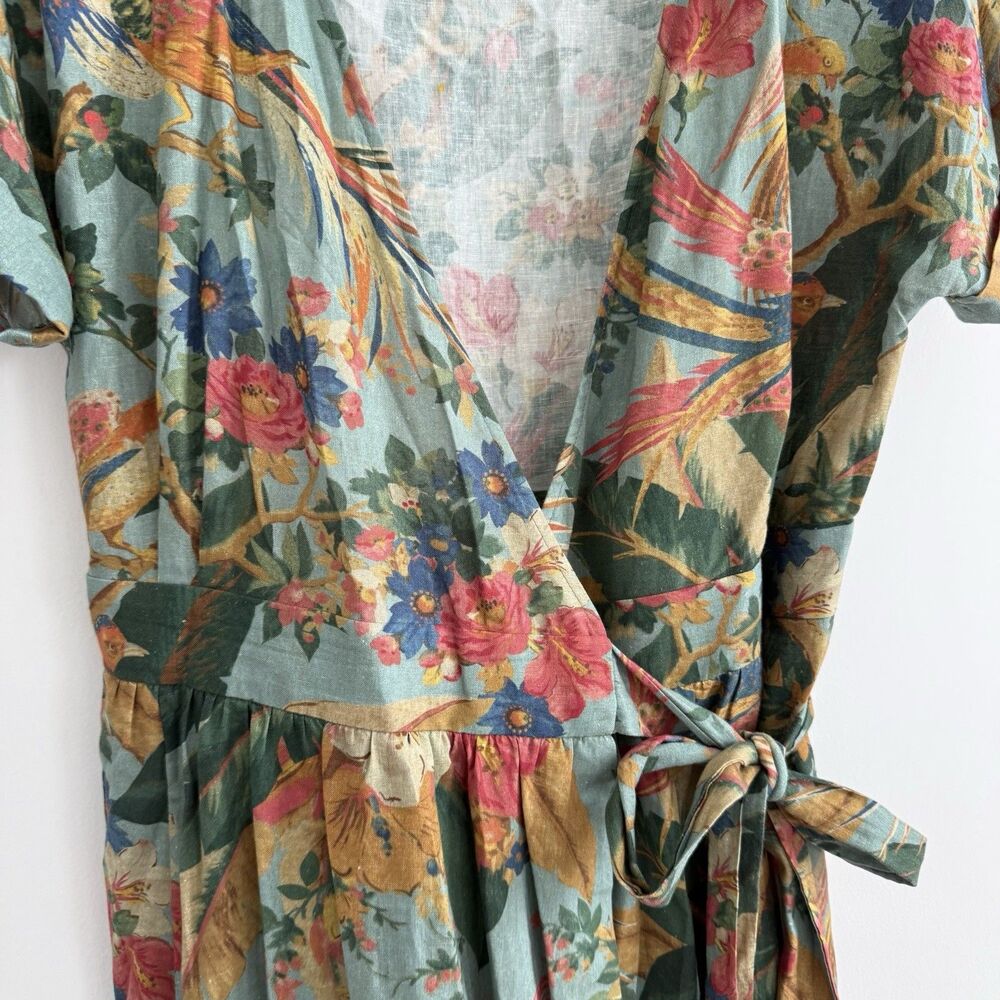 Sezane Tropical Floral Midi Wrap Dress Linen Hawaiian Birds Sz 40 (US 8) Classic - Picture 4 of 12